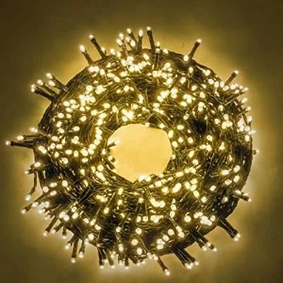Image de LUCCIKA® série guirlande lumineuse de 5 mètres avec 100 LED couleur blanc chaud pour usage extérieur et intérieur contrôleur 31V 8 jeux mémoire câble Vert