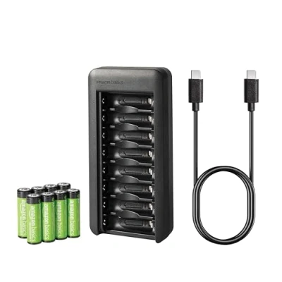 Image de Amazon Basics Lot de 8 piles rechargeables NiMh AA 2000 mAh, avec chargeur à baies, sans adaptateur d&#039;alimentation CA, port USB C