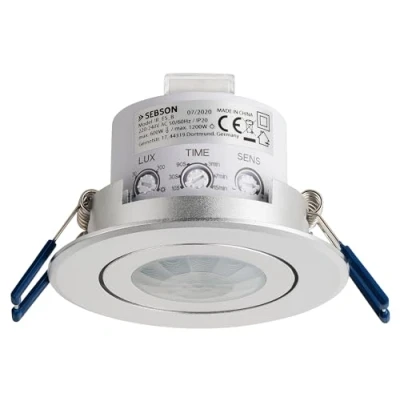 Image de SEBSON Détecteur de Mouvement Intérieur, Encastré, LED adapté, Montage au Plafond, programmable, Capteur Infrarouge, Portée 3 8m/ 360, orientable, Max. 1200W/ 600W