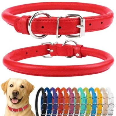 Image de CollarDirect Collier de Chien en Cuir roulé, Chiot Rond rembourré Doux, véritable Fait à la Main pour Petit Grand Chat (48 53 cm, Rouge texturé)