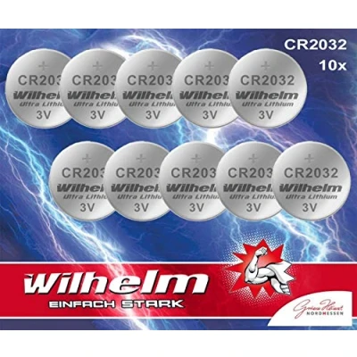 Image de 10 Piles Bouton Wilhelm Pile CR 2032 Batterie au Lithium Haute Performance CR2032