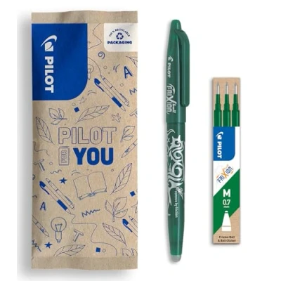 Image de PILOT Lot de 1 Frixion Ball + set 3 recharges Stylo effaçable à encre thermosensible roller rechargeable fabriqué partir plastique recyclé Vert Pointe moyenne