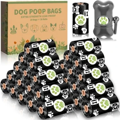Image de VIPNAJI Sacs à déjections canines, sac a crottes Chien avec distributeur,520 de Caca compostables extra Épais en Mélange D&#039;amidon Maïs, étanches, épais,noir
