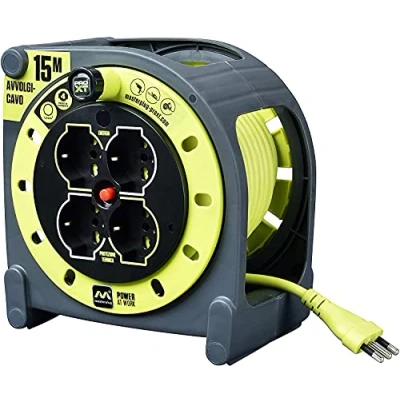 Image de Masterplug Pro XT Enrouleur de câble 15 mètres, 4 Prises universelles prolivalent : Bipasso, EU, Schuko, rallonge électrique 16A, indicateur LED, Haute visibilité