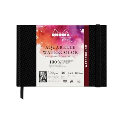 Image de RHODIA TOUCH 116154C Carnet aquarelle 100 % coton grain satiné 300 g/m² A6 paysage 40 pages non microperforées Brochure rigide Watercolor Book