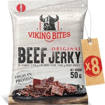 Image de Viking Bites Beef Jerky Original 400g (8 x 50 g) Bœuf séché en cas à base de viande riche protéines