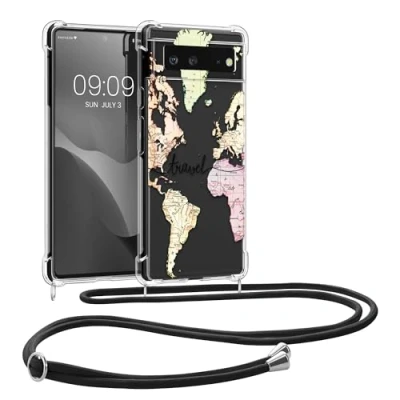Image de kwmobile Coque Collier Compatible avec Google Pixel 6 Housse en Silicone Cordon de Noir Multicolore Transparent