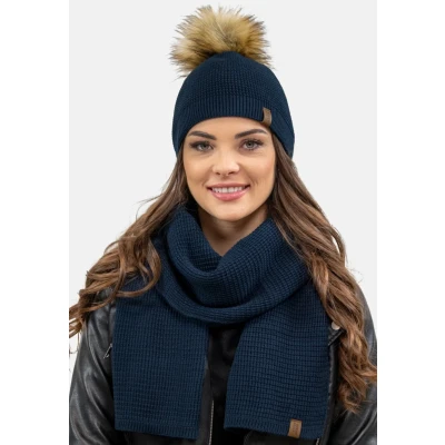 Image de VIVISENCE Bonnet Et Écharpe Ensemble pour Femmes Élégant L&#039;automne l&#039;hiver avec Pompon en Fausse Fourrure Design Classique Confort Optimal Les Jours Froids, Bleu Foncé,Taille Unique