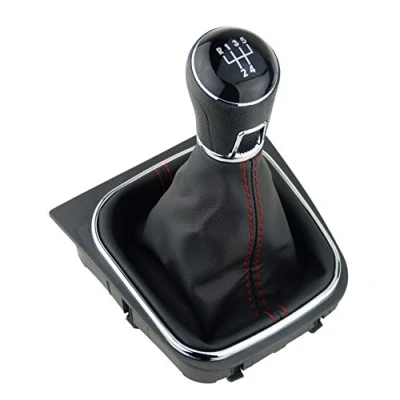 Image de L&amp;P A256 7 Soufflet et pommeau de levier 5 vitesse, noir/coutures rouges Compatible avec VW Golf V, 6 VI GTI look, installation facile rechange pour 1K0711113, 5K0711113, 1K8711113