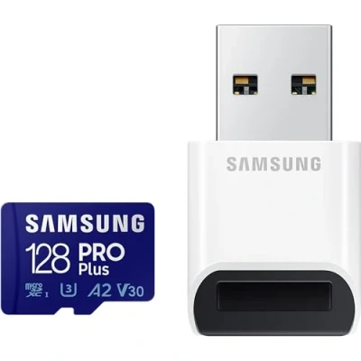 Image de Samsung 128 Go Pro Plus Carte Mémoire Micro SDXC (2023) jusqu’à 180/130 Mo/s avec Lecteur USB