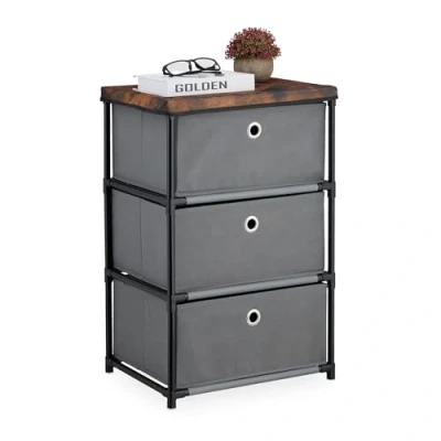 Image de Relaxdays Commode, avec 3 tiroirs en Tissu, Structure métal, 65x43x33 cm, pour Le Salon ou l&#039;entrée, Gris et Marron