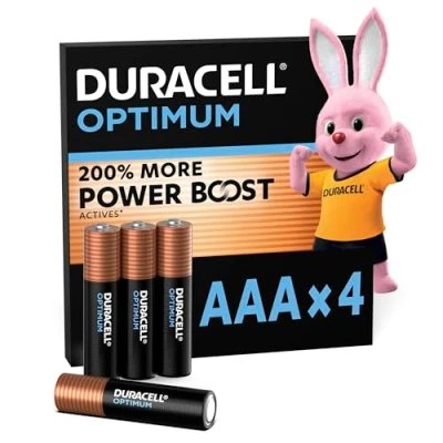 Image de Duracell Optimum Piles AAA (lot de 4) Alcalines 1,5V Jusqu’à 100% plus longtemps ou puissant Alimentez vos appareils énergivores Recyclable, 0% plastique LR03 MX2400