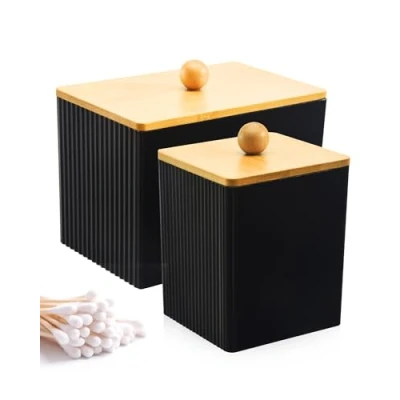 Image de GOURDBRO 2Pcs Housse en Bambou Anti PoussièRe Boite Coton Tige, Acrylique Robuste Rangement Coton, Distributeur Coiffeuse Peut Stocker Boule Épingles à Cheveux