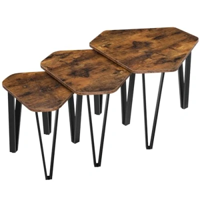 Image de VASAGLE Petite Tables d appointgigognes, Lot de 3, Bouts canapé pour Salon, empilable, Robuste, Assemblage Facile, Structure en Acier, Style Industriel, Marron Rustique et Noir LNT14BX