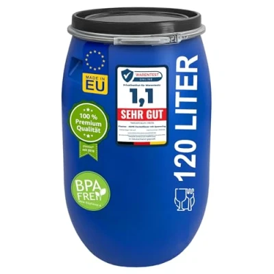 Image de plasteo® Fût à col large de 120 litres Avec couvercle et anneau serrage En plastique universel Convient un usage alimentaire poignées stables Bleu