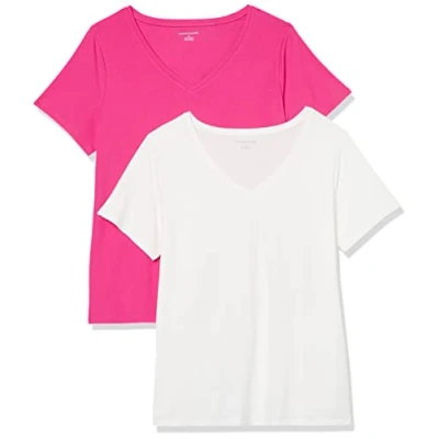 Image de Amazon Essentials T shirt À Manches Courtes et Col En V, Grande taille Femme, Lot de 2, Blanc/Rose Foncé, 4XL