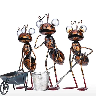 Image de LIJUCAI Décoration de Jardin Fourmi Sculpture Fer Bande Dessinée avec Seau Amovible Accessoires Décor Bureau Pot Fleur Succulent, Un Ensemble