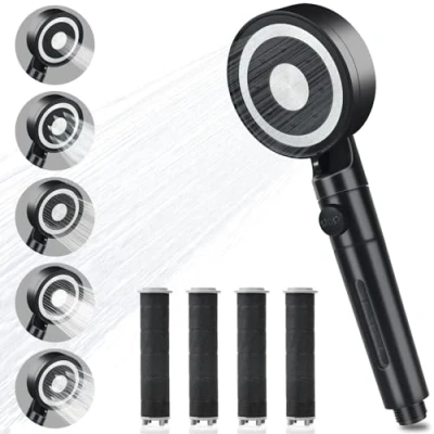 Image de Pommeau de Douche Filtrant avec 3+1 Filtres en Coton PP Remplaçable Douchette Salle Bain Haute Pression 5 Modes et Arret Noir Anti Calcaire Economie Deau Sans Tuyau