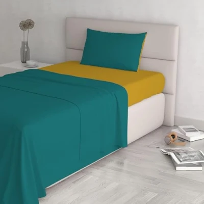 Image de Italian Bed Linen CL NC Ocra/Verde bottiglia 1P Natural Color ensemble de draps lit, Ocre/Vert bouteille, Single, 100 % Coton