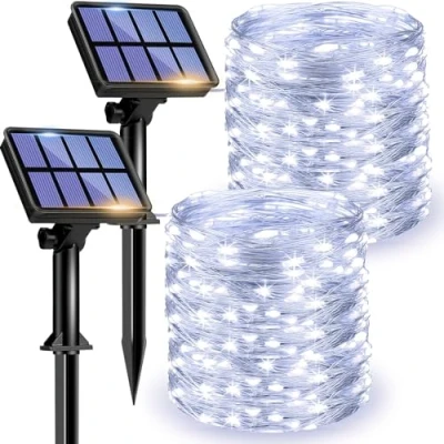 Image de litogo 8 Éclairage Modes 120 LED Solar String Fée Lumières 2 Pièce, 12 Mètre Longueur, Froid Blanc