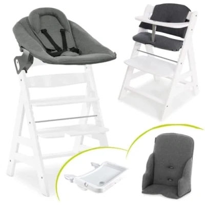 Image de hauck Chaise Haute Bébé Alpha XXL Évolutive dès Naissance Transat Inclinable Premium avec Harnais 5 Points, Tablette Repas, Réducteur, Coussin d’Assise Blanc