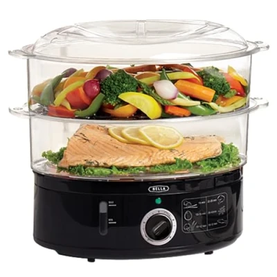 Image de BELLA Cuiseur vapeur à 2 étages avec paniers empilables et base amovible pour une cuisson simultanée rapide Fonction d’arrêt automatique protection contre l’ébullition sec, 7 l, noir