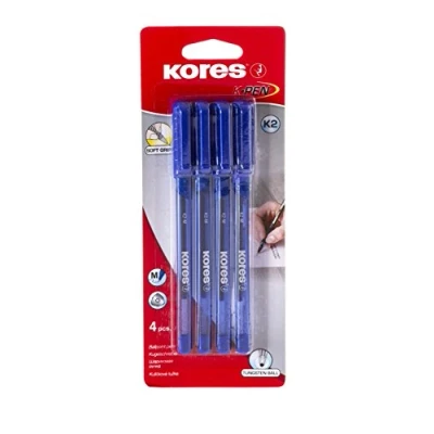Image de Kores K2 : Stylo à Bille Bleu, Pointe Moyenne 1 mm, Encre Résistancee la Bavure pour une Écriture Douce, Prise en Main Souple, Fournitures Scolaires et de Bureau, Paquet 4