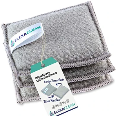 Image de ELEXACLEAN Lot de 3 éponges Nettoyage (10 x 8 cm Gris Clair) Lavables et réutilisables, pour Les casseroles, la Vaisselle Couverts