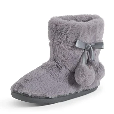 Image de Polar Chaussons d&#039;hiver en mousse à mémoire de forme avec pompons fausse fourrure, pour femme, Fourrure grise, 38 EU