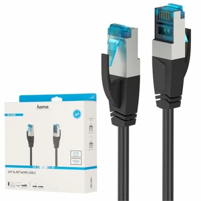 Image de Hama Câble Réseau RJ45 (Câble Ethernet Cat 6a, 10 Gbit/s, blindé S/FTP, 10m, Garantie 10ans, Idéal pour PC, ordinateur portable, téléviseur, console de jeux, routeur, commutateur, hub) Noir