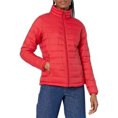 Image de Amazon Essentials Doudoune compacte légère à Manches Longues résistante l&#039;eau (Disponible en Grande Taille) Femme, Rouge, L