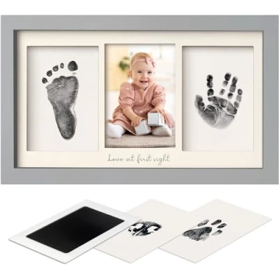 Image de KeaBabies Ensemble d&#039;empreintes de mains et pieds bébé Tampon encreur Clean Touch pour nouveau nés, cadre photo avec empreinte main Fabre (Cloud Gray)