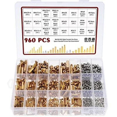 Image de Knpwer 960 Pcs Laiton Hex Colonne Entretoise Écrou,M2 M3 M4 Brass Spacer Noix Hexagonales,Entretoises Hexagonales