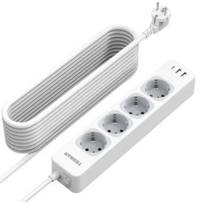 Image de TESSAN 4 Prises Multiprise avec USB C, Rallonge 10M, 7 en 1 Interrupteur, 3600W Prise Multiple de Distribution Murale, Blanc Bureau,