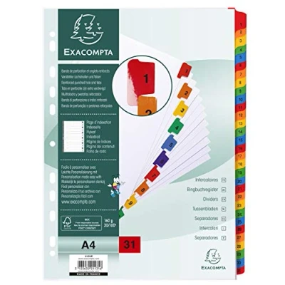 Image de Exacompta Réf. 1131E Carton de 10 Intercalaires en carte blanche 160g/m2 FSC® avec 31 onglets imprimés numériques 1 à couleur Page d&#039;indexation imprimable Pour format A4 Dim 22,5x29,7cm