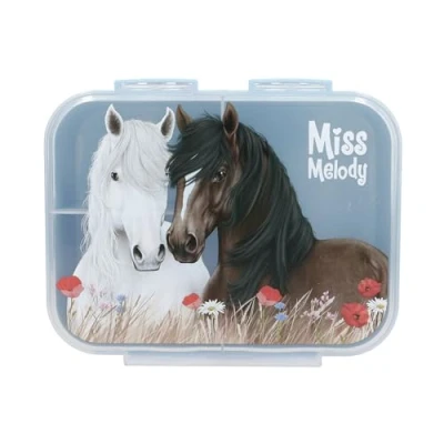 Image de Depesche 13398 Miss Melody Dusty Rose boîte à goûter en Bleu Clair, avec Motif de Chevaux et Coquelicots, déjeuner 3 Compartiments Couvercle Transparent