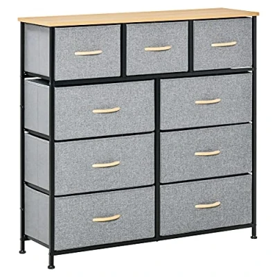 Image de HOMCOM Commode 9 tiroirs Meuble de Rangement tiroir en Tissu Pliant Structure Acier Noir 100 x 30 cm, Chambre, entrée, Salon, chêne et Gris