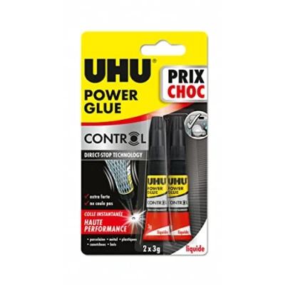 Image de UHU Power glue liquide control+ colle instantanée, ultra rapide et forte, technologie anti goutte, sans solvants, transparente, tubes 2x3g