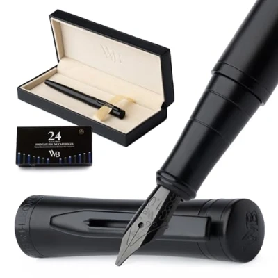 Image de Wordsworth &amp; Black Ensemble de Stylo Plume, Pointe Large, Inclut 24 Cartouches d’Encre, Convertisseur Recharge d’Encre et Boîte Cadeau, Calligraphie, [Tout Noir], Parfait pour Hommes Femmes