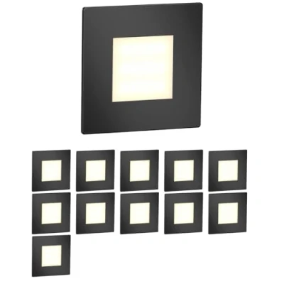 Image de ledscom.de 12 pièces Lumière d&#039;escalier LED/lampe murale encastrée FEX pour l&#039;intérieur et l&#039;extérieur, carrée, noire, 85 x 85mm, blanc chaud