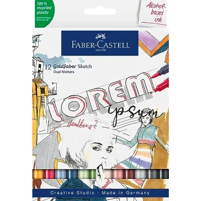 Image de Faber Castell 164712 Goldfaber Sketch Marker, étui de 12 marqueurs à alcool avec pointe Brush et Fineliner