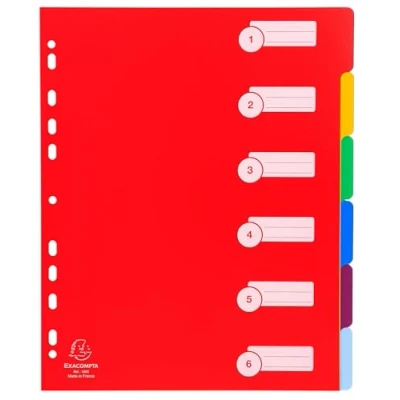 Image de Exacompta Réf. 4806E Carton de 25 Intercalaires polypropylène rigide opaques avec 6 onglets neutres Premier index imprimé Format à classer A4 maxi Couleurs vives assorties