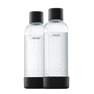 Image de Mysoda : Bouteille réutilisable en PET sans BPA pour machine à eau gazeuse, avec verrouillage rapide et détails composite de bois, 2 x 1 L Noir