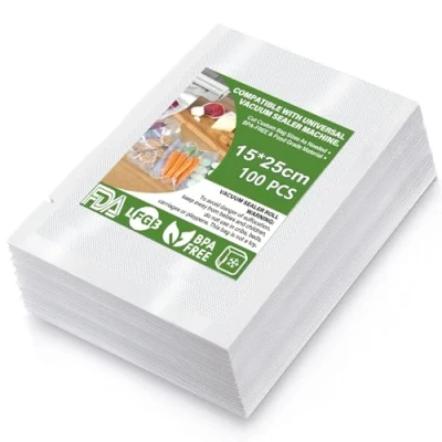 Image de Sac Sous Vide Alimentaire,Sacs à Faire le d&#039;air Gaufrés Convient Tous Machine Vide,pour la Conservation des Aliments et Cuisson,Sans BPA(100 Sachets,15 x 25cm)