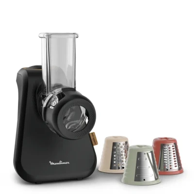 Image de Moulinex Découpe légumes, Eco conçu, Emince, tranche et râpe, Système de cônes avec code couleur, Rangement facile, Compatible lave vaisselle, Fabriqué en France, Respect, Noir DJ77EN10