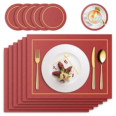 Image de RIWNNI Lot de 6 Set Table en Cuir PU, Pièces Sets et Dessous Verre, Lavable Antidérapant Imperméable Résistant à la Chaleur Rectangulaire Table, 41 x 31cm (Rouge)
