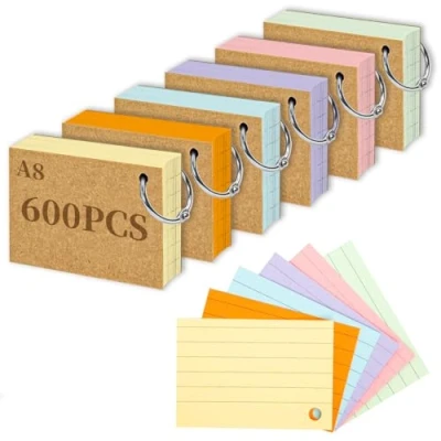 Image de A8 Flashcard, 600Pcs lignées Flashcards avec anneau, Cartes de vocabulaire pour l’apprentissage du en déplacement, Notes Bureau, École, Maison
