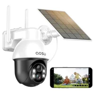 Image de AOSU 2K Camera Surveillance WiFi Exterieure sans Fil, Solaire, 360 Pan/Tilt, Exterieur Vision Nocturne, Détection Mouvement PIR, Étanche IP65, Audio Bidirectionnel, Alexa, 2,4Ghz