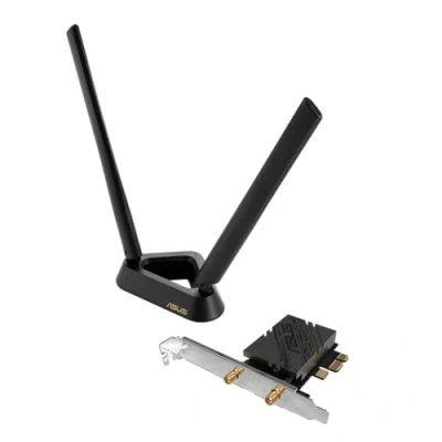 Image de ASUS PCE BE92BT Adaptateur WiFi 7 PCI E avec 2 antennes externes Prise en charge de la bande 6 GHz, 320 MHz, Bluetooth 5.4, WPA3 Network Security, OFDMA et MU MIMO, compatible uniquement les