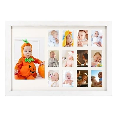 Image de GMFrames Cadre photo 12 mois Pour bébé la première année scolaire Collage horizontal blanc avec passe partout Affiche une de 10 x 15 cm et douze photos 5 7,6